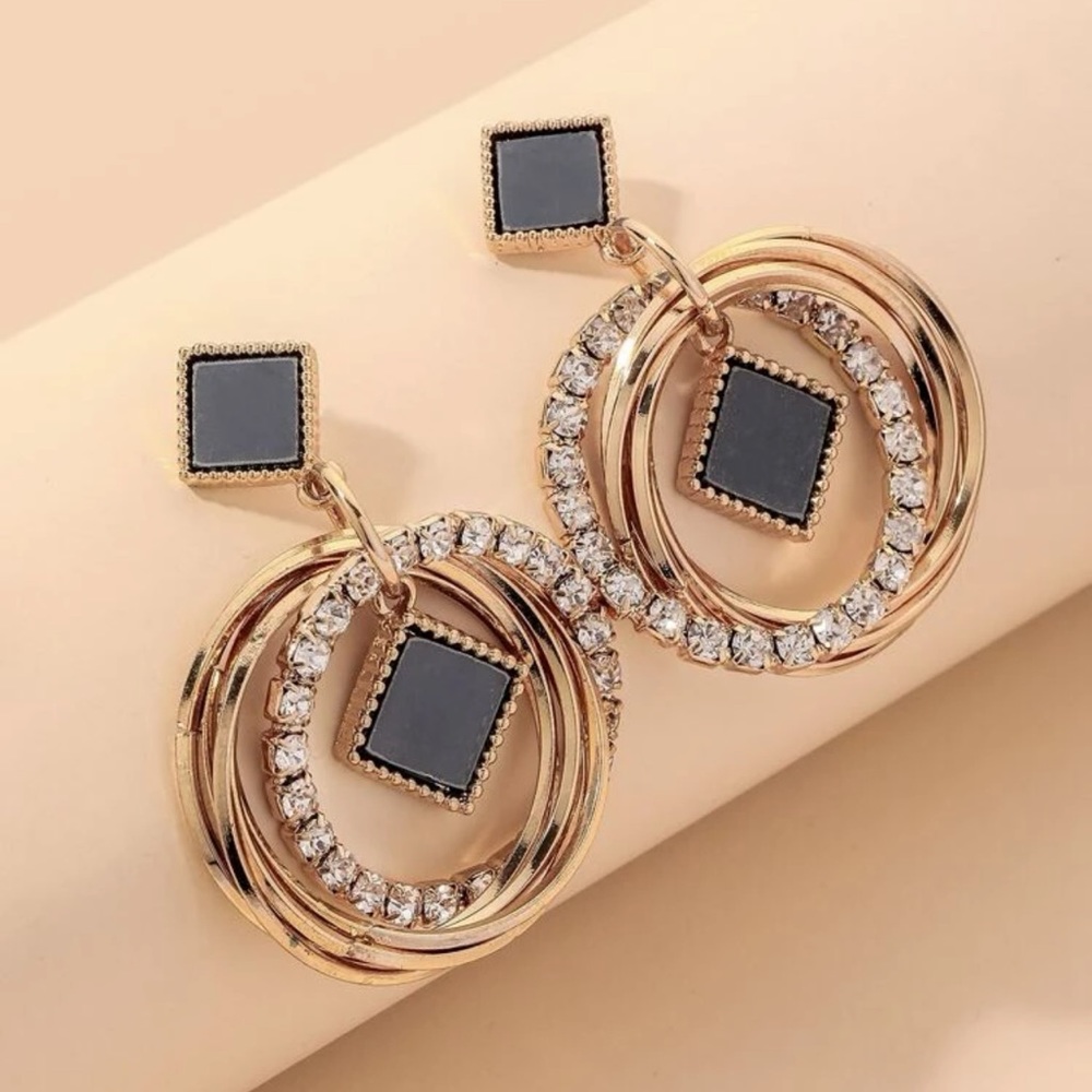 Round Layered Drop Earrings with Rhinestones